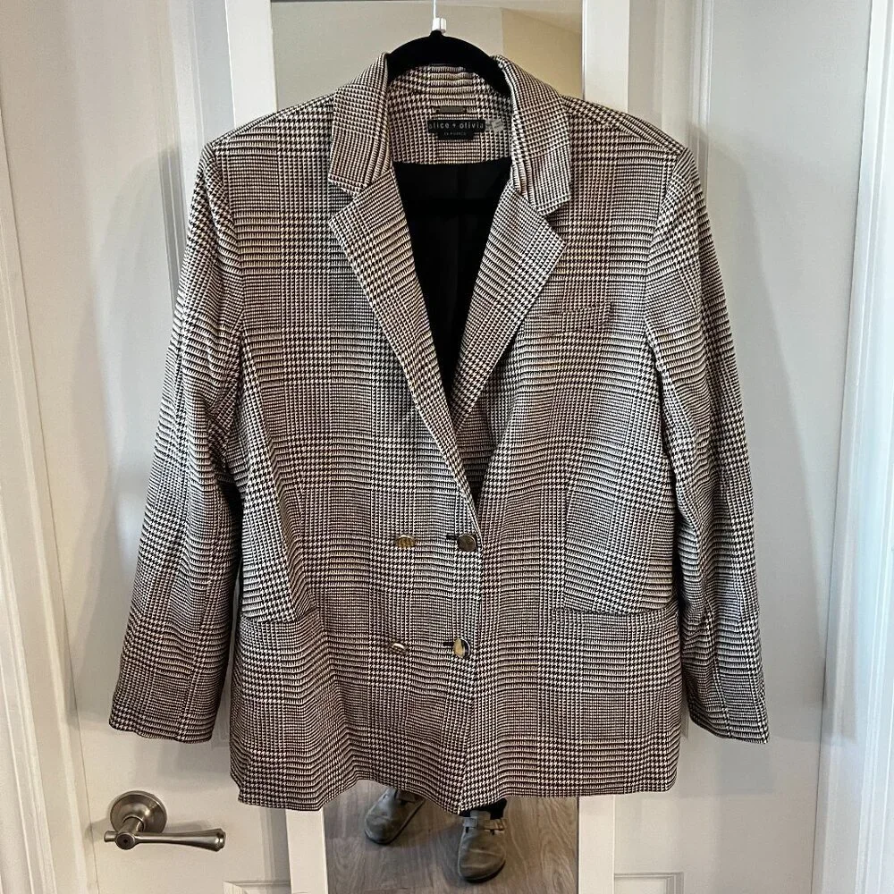 Alice + Olivia Double Breasted Blazer Size 12 Color Brown Black Cream - Picture 2 of 6